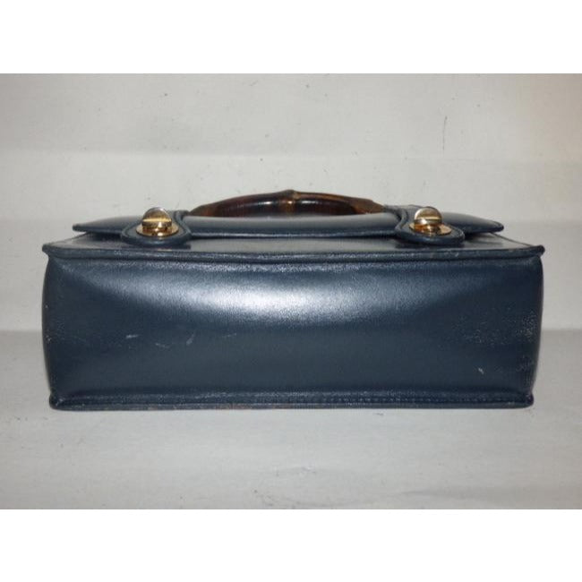 Gucci Vintage Navy Blue Leather And Bamboo Handle Satchel