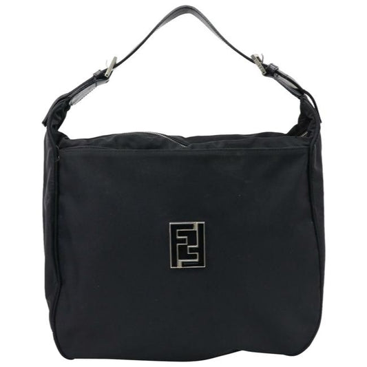 Fendi Xl Style Shoulder Purses Black Nylon And Leather With A Black Enamel Ff Logo Cutout Accent Hob