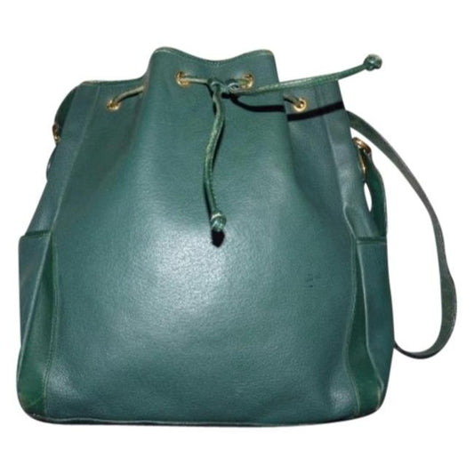 Gucci Horsebit Bucket Bag Xl Drawstring Accents Green W Gold Horseshoes Leather Satchel