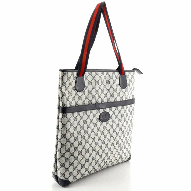 Gucci Navy Guccissima Print Canvas And Leather GG Supreme Tote Bag with Red & Blue Striped Handles