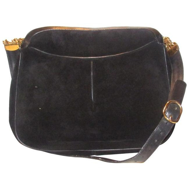 Gucci Vintage Shoulder Black Suede And Leather With Gold Chain Accents Hobo Bag