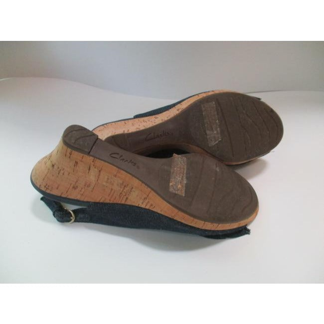 Clarks Blue Denim Cork Wedge Bow Sandals Size Us