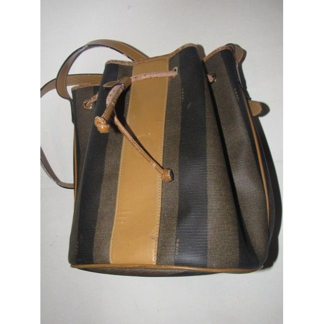 Fendi Vintage Pursesdesigner Purses Wide Striped Coated Canvas In Shades Of Brown And Camel Leather