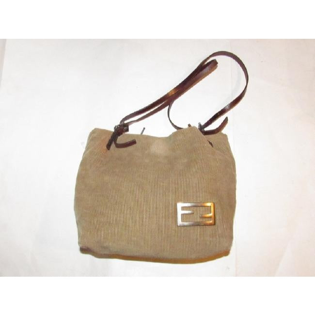 Fendi Or Satchel Style Purses Camel Corduroy And Brown Leather With Chrome Hardware Tote