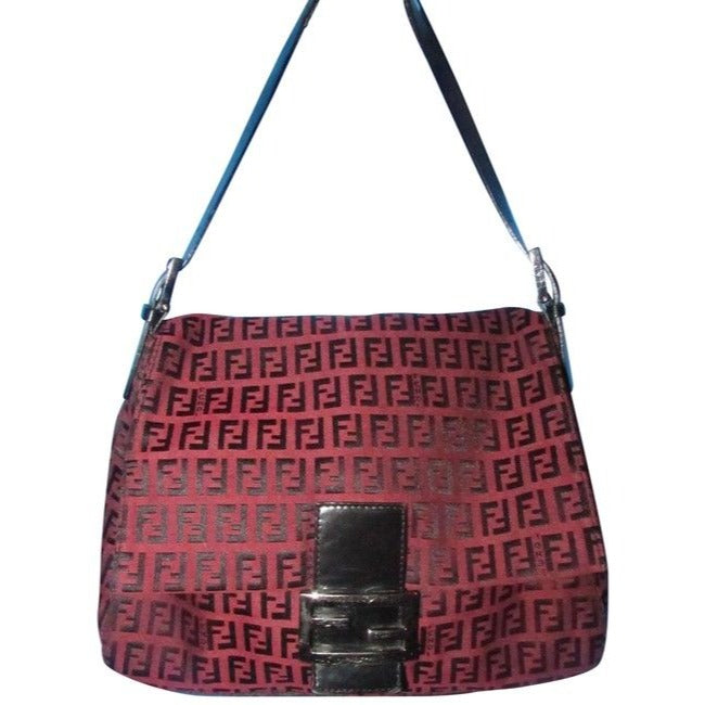 Fendi Mamma Zucco Zucchino Canvasleather Black Logo Print On Dark Red Canvas And Leather Shoulder Ba