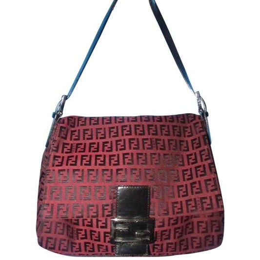 Fendi Mamma Zucco Zucchino Canvasleather Black Logo Print On Dark Red Canvas And Leather Shoulder Ba