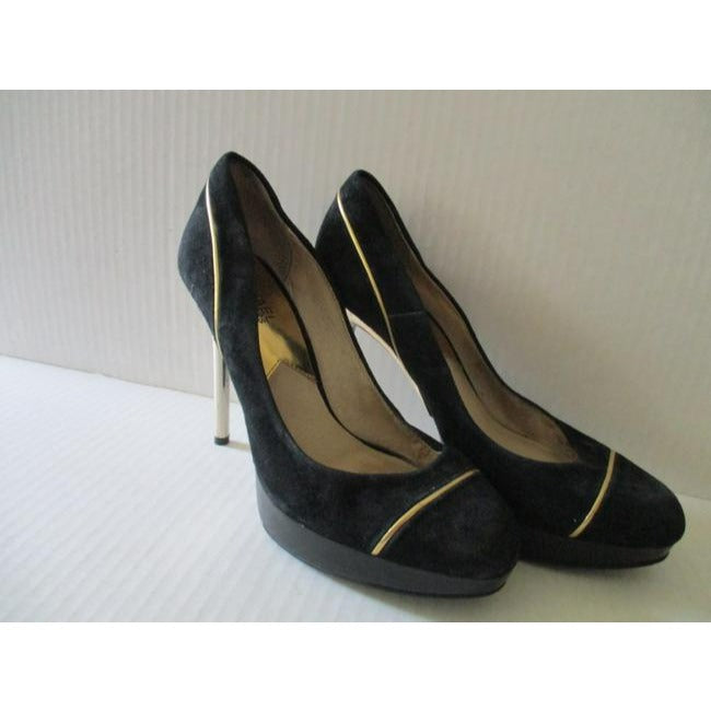 SALE! Michael Kors Black Suede Gold Heels And Piping Classic Platform Pumps Size 8M Us