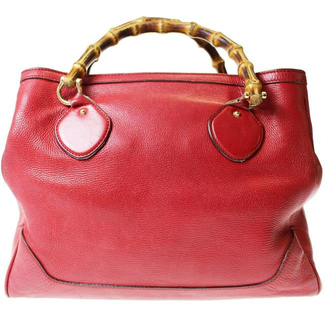 Gucci Vintage Top True Red Leather With Bamboo Handles And Gold Hardware Tote