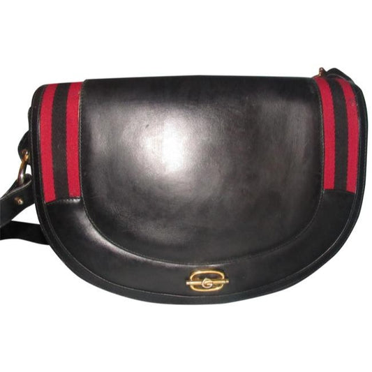 Gucci One Of A Kindearly Supple Black Leather With Navy And Red Stripe Accents Canvas Shoulder Bag