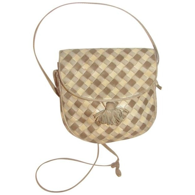 Bottega Veneta Vintage Brown Taupe And Ivory Woven Leather Shoulder Bag