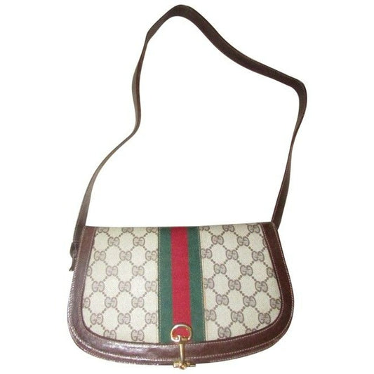 Gucci Horsebit Vintage Line Purses Brown Large G Logo Print Canvas And Brown Leather With A Red And