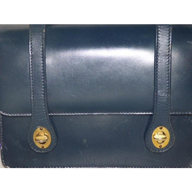 Gucci Vintage Navy Blue Leather And Bamboo Handle Satchel