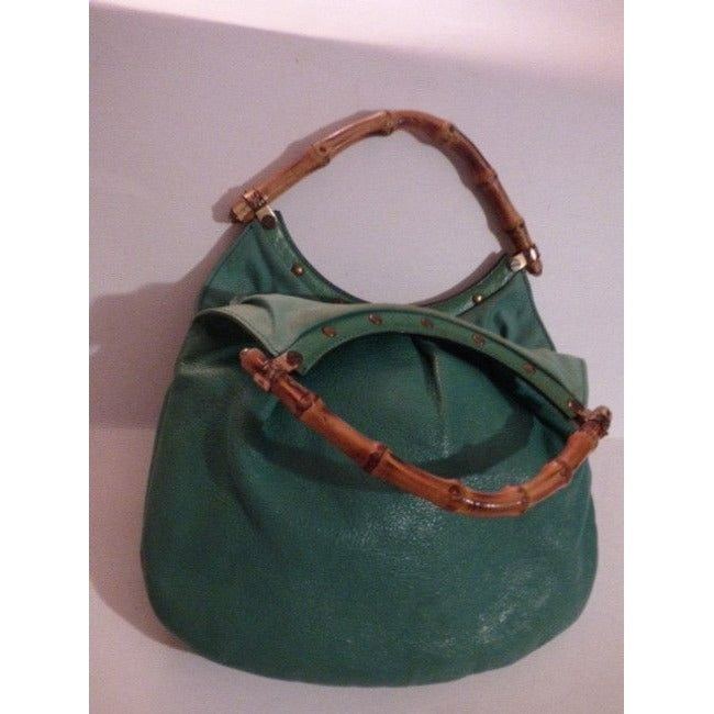 Gucci Vintage Teal Green Leather With Bamboo Handles Tote