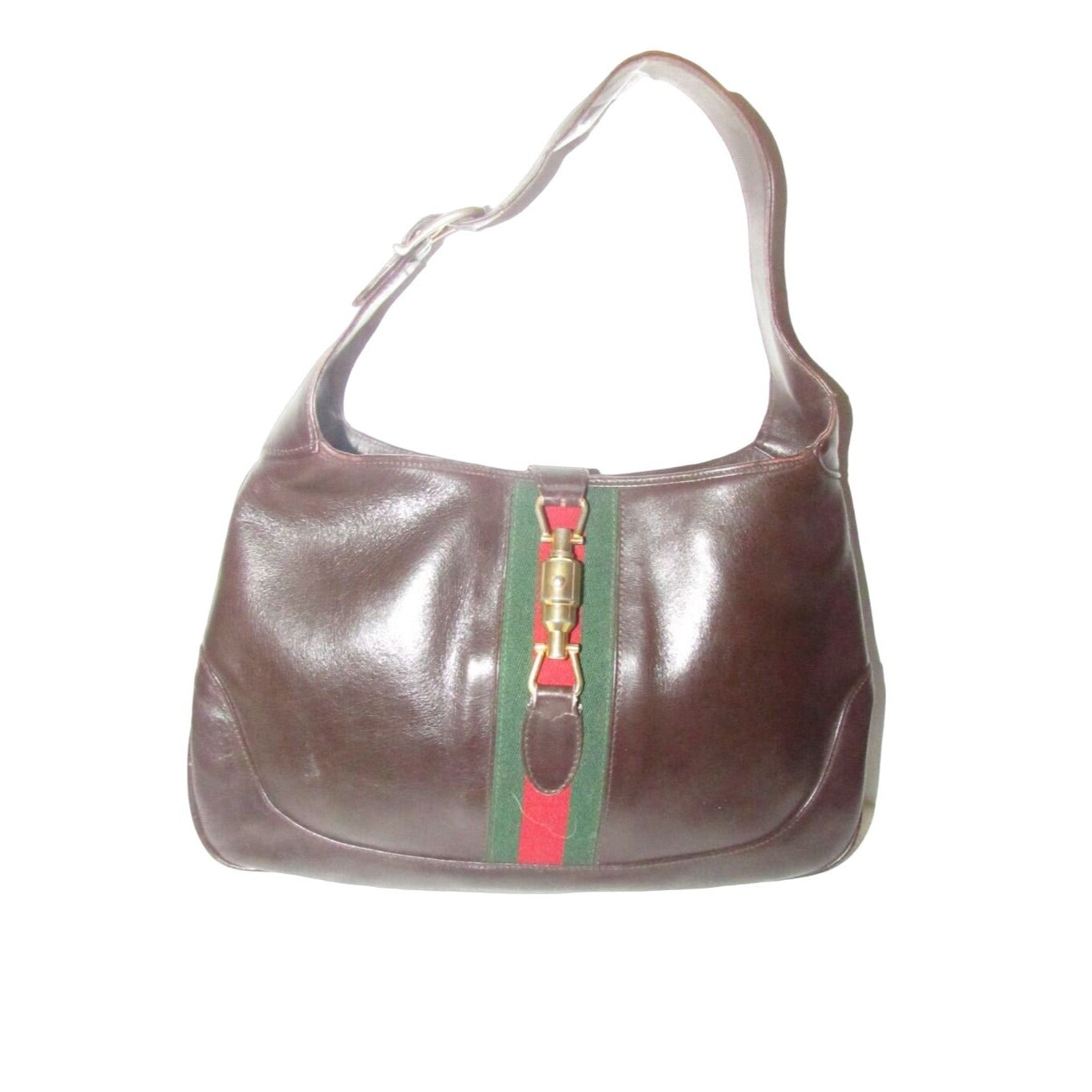 Rare, vintage, Gucci, 1961 Jackie, glossy brown leather hobo style shoulder bag with a red and green center stripe & gold piston closure