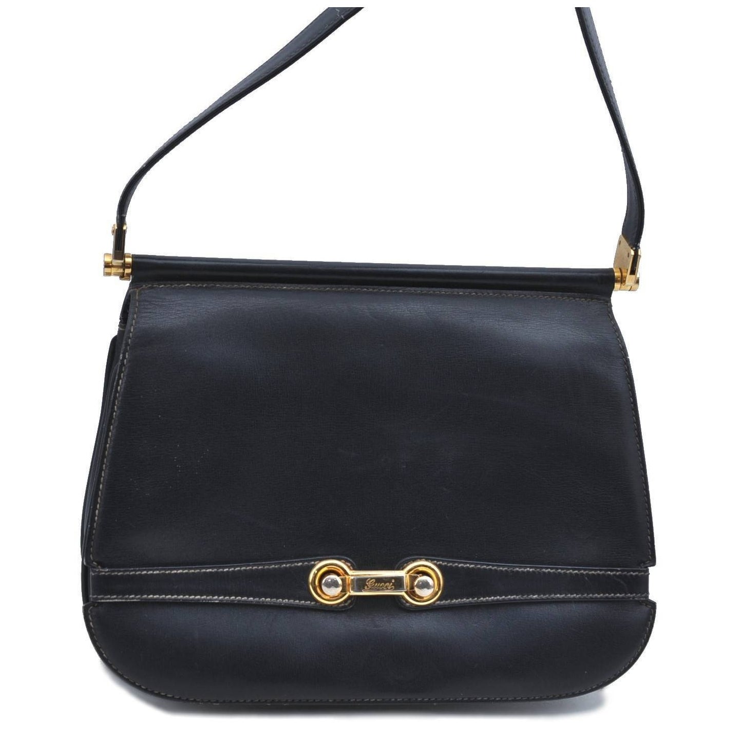 Gucci 60's navy leather saddle bag with gold logo clasp