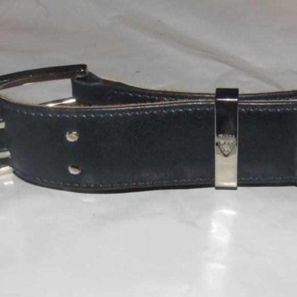 Early Gucci, navy leather belt w embossed Gucci logo print