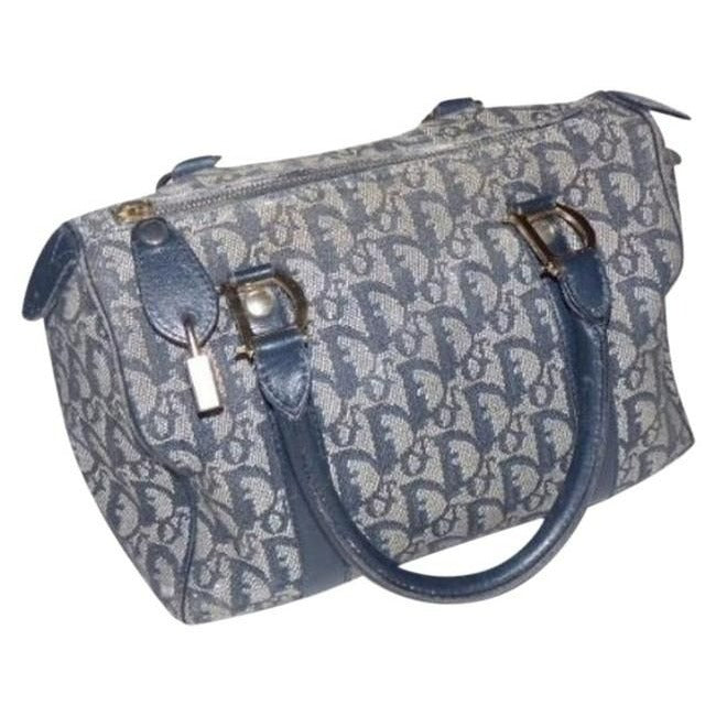 Dior Style Top Handle Blue Trotter Print Embroidered Canvas And Leather Satchel