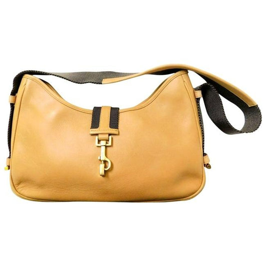 Vintage, Tom Ford era, Gucci Jackie orange-ish camel colored leather & brown canvas shoulder bag w stripe