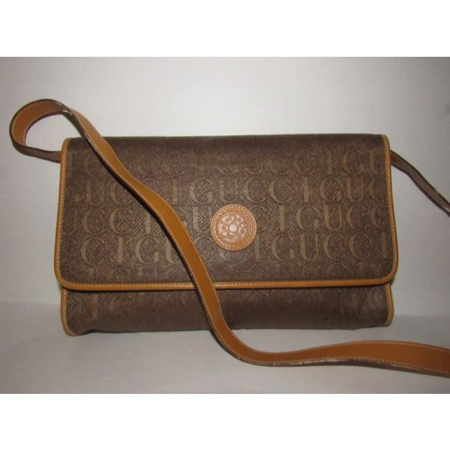 Gucci Vintage Brown Gucci Print Canvas And Camel Leather Shoulder Bag