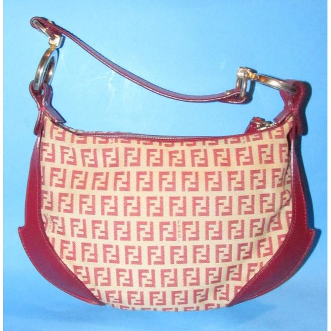 Fendi Chef Shoulder Purse Red Zucchino Print On Tan Leather And Canvas Hobo Bag