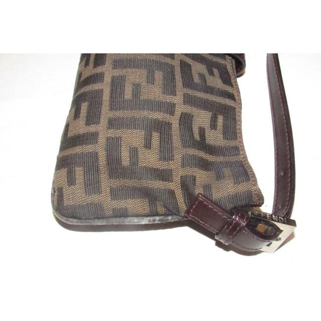 Fendi Baguette Style Shouldercross Body Purse Zucco Print In Browns Canvas And Leather Shoulder Bag