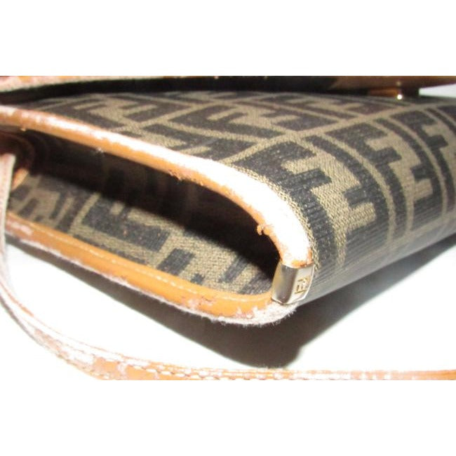 Fendi Clutch Zucca Print Two Way Style Cross Bodyshoulder Purse Or Brown Large F Logo Coated Canvas