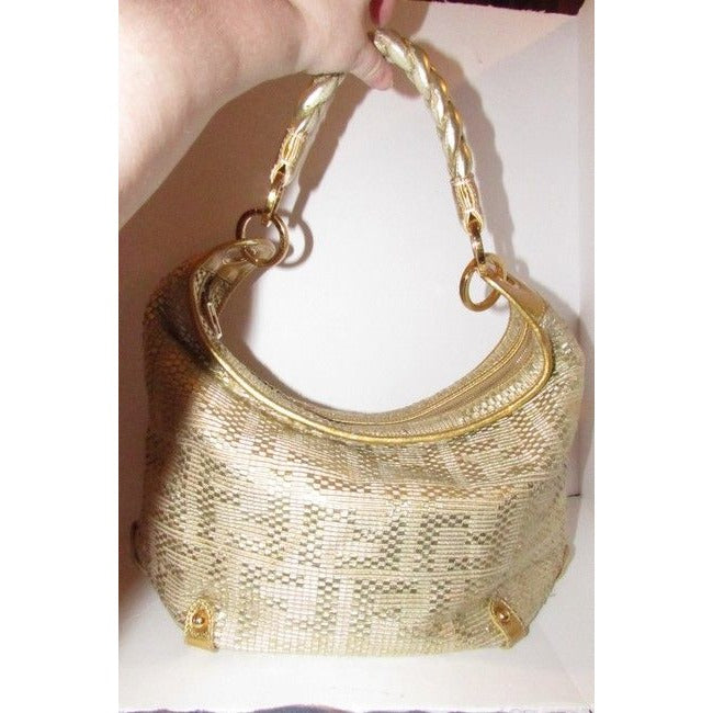 Fendi Shoulder Xl W Zucca Design Gold Leather With Woven F Logo Hobo Bag