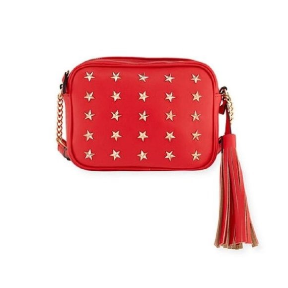 Neiman Marcus Red "Roz" Camera Bag-Style Two Way Crossbody or Clutch w Star Studding