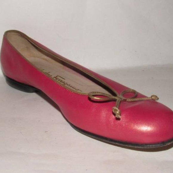 Salvatore Ferragamo Pink Leather Vintage Ballet Flats With Metallic Taupe Trim And Bows