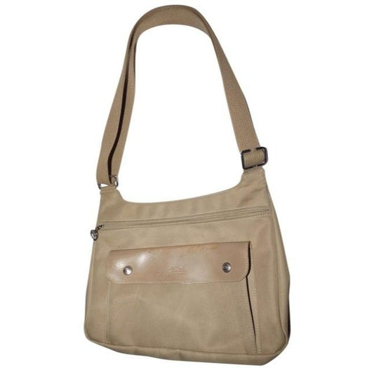 Longchamp Vintage Khaki Or Tan Leather And Heavy Canvas Fabric Nylon Messenger