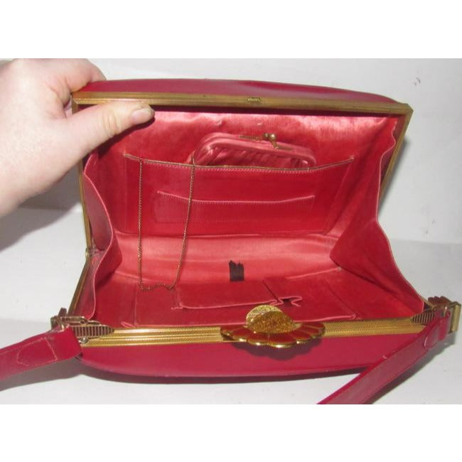 Evans Vintage True Red Leather And Engraved Gold Frame And Clasp Satchel