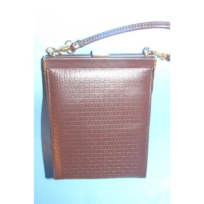 Halston Vintage Two Way Hinged Closure Brown Embossed H Logo Print Leather With Bold Gold Hardware Clutch