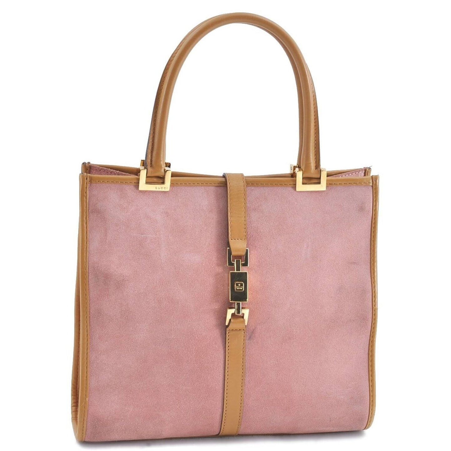 Gucci, pink suede and camel leather, Jackie bag with two, rolled leather handles, a chrome, push button closure and flip top closure