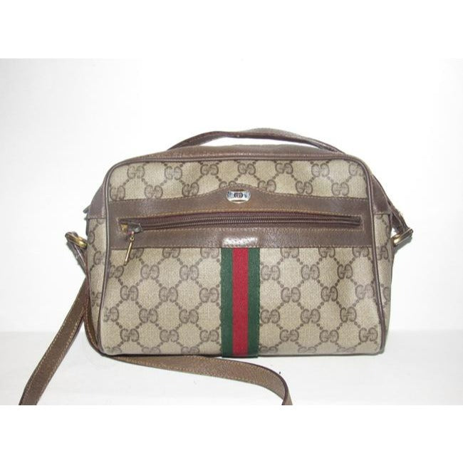 ON SALE! Gucci vintage brown Guccissima print coated canvas & brown leather, cross body with front zip pocket and red and green striped accent