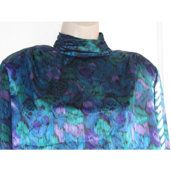 Notations Teal Green Purple And Black Peacock Print Silky Polyester Vintage Secretary Top