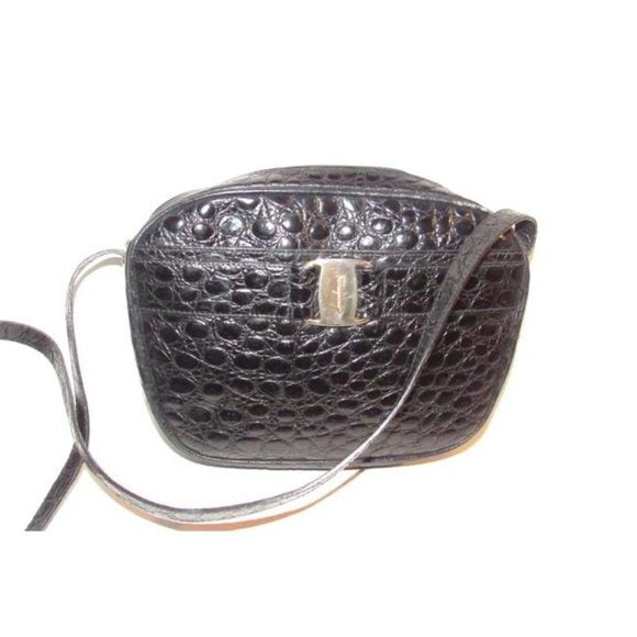 Salvatore Ferragamo Black Crocodile Embossed Leather With Gold Vara Accent Crossbody or Shoulder Bag