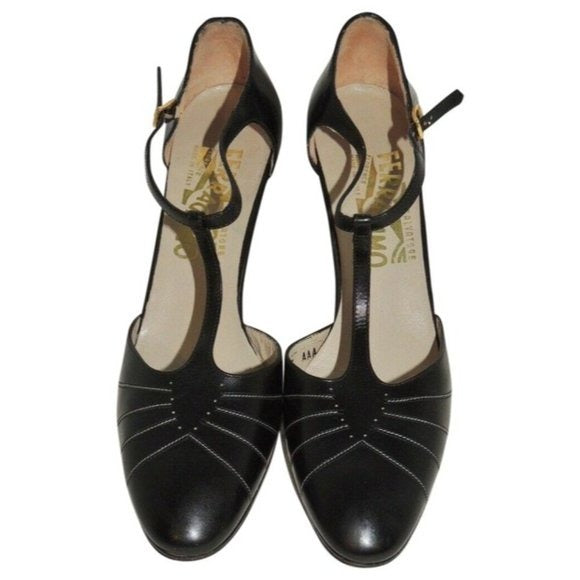 Ferragamo Black Mary Janes w White Stitching