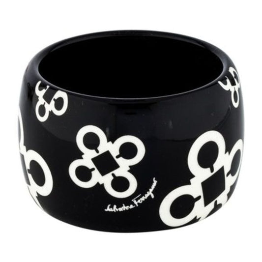 NIB! Ferragamo Black Resin Engraved 'Gancini' Design XL Bangle Bracelet