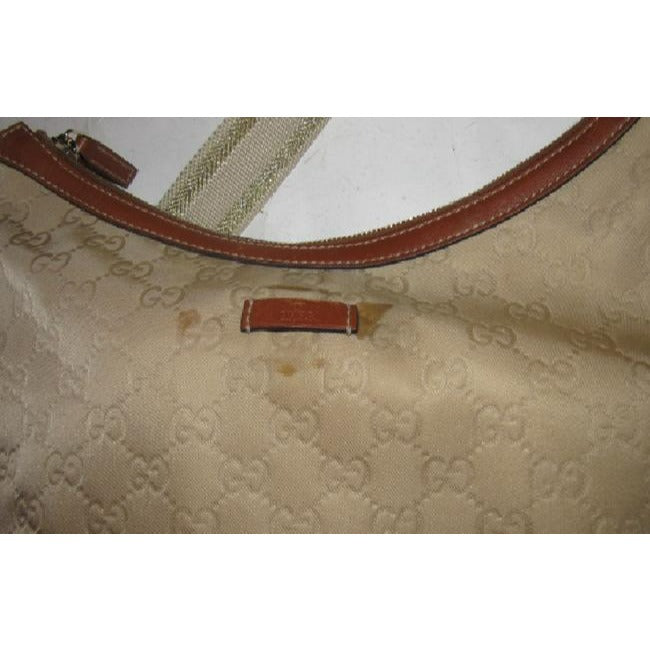 Gucci Newer Light Tan Embossed Large G Logo Print Nylon Chestnut Brown Leather