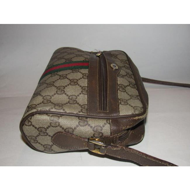 ON SALE! Gucci vintage brown Guccissima print coated canvas & brown leather, cross body with front zip pocket and red and green striped accent