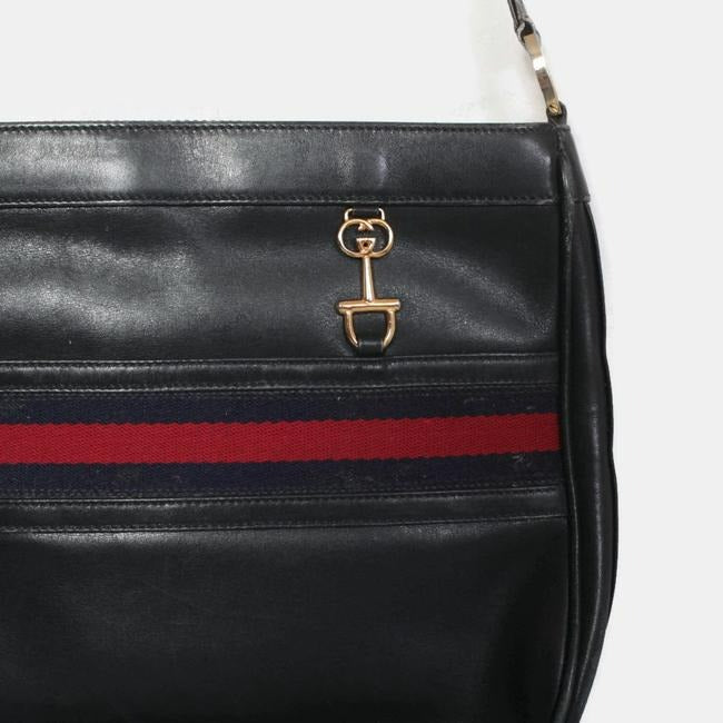 SALE! Gucci, 1955 Horse-bit style, navy leather hobo style shoulder bag with an inlaid, iconic red and navy web stripe, gold horse-bit and GG logo accents