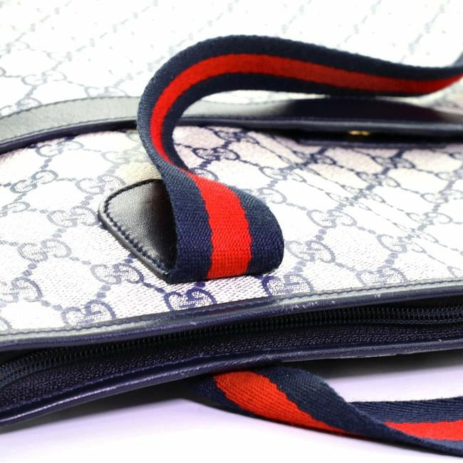 Gucci Navy Guccissima Print Canvas And Leather GG Supreme Tote Bag with Red & Blue Striped Handles