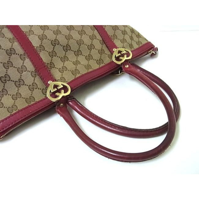 Gucci Vintage Dark Brown Large G Logo Print Canvas And Dark Red Pink Leather