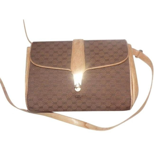 Gucci Vintage Camel Leather Brown Small G Logo Print Canvas And Cross Body Bag