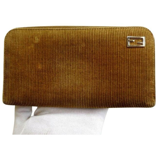 Fendi Camel Colored Corduroy And Brown Leather With Chrome Hardware Xl Around Continental Wallet