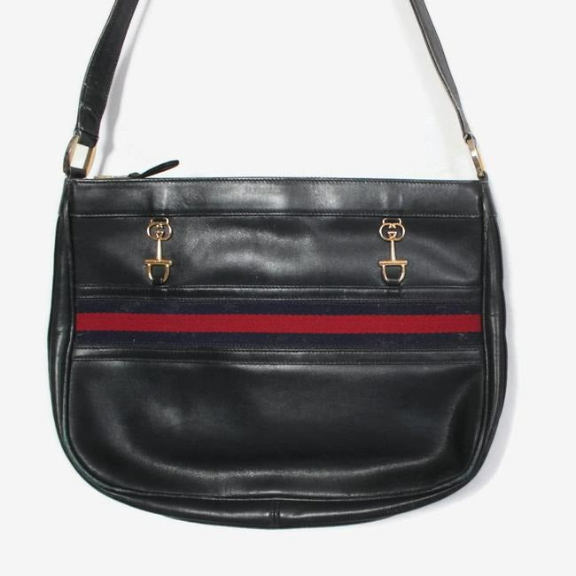 SALE! Gucci, 1955 Horse-bit style, navy leather hobo style shoulder bag with an inlaid, iconic red and navy web stripe, gold horse-bit and GG logo accents
