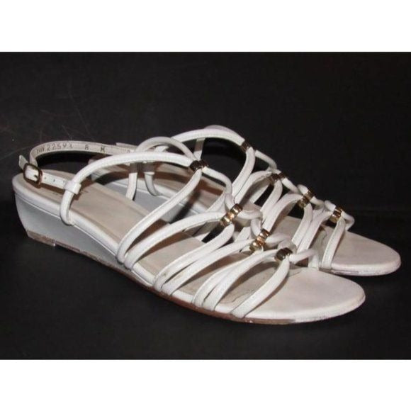 Stuart Weitzman White Leather Gold Accent Wedge Sandals