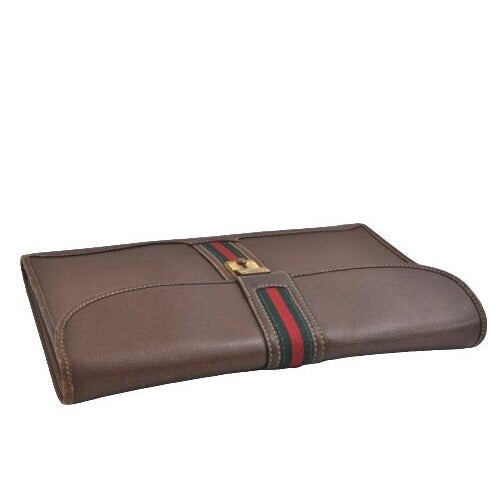 RARE, Gucci, Jackie, mod, brown leather, boxy, clutch or portfolio with a red & green stripe, a flap strap closure at the center