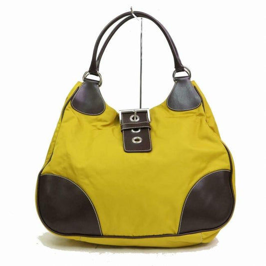 Prada Purse Yellow Canvas And Brown Leather With Chrome Hardware Satchel