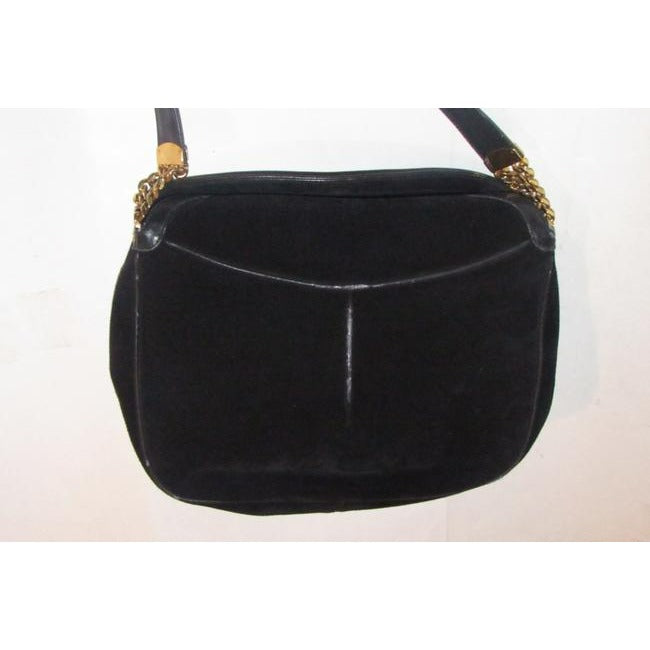 Gucci Vintage Shoulder Black Suede And Leather With Gold Chain Accents Hobo Bag